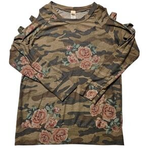 Camo Floral Cold Shoulder Long Sleeve Tunic Top‎ Women's Size L